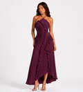 Cascading Ruffle Pleated Halter Maxi Dress - Plum