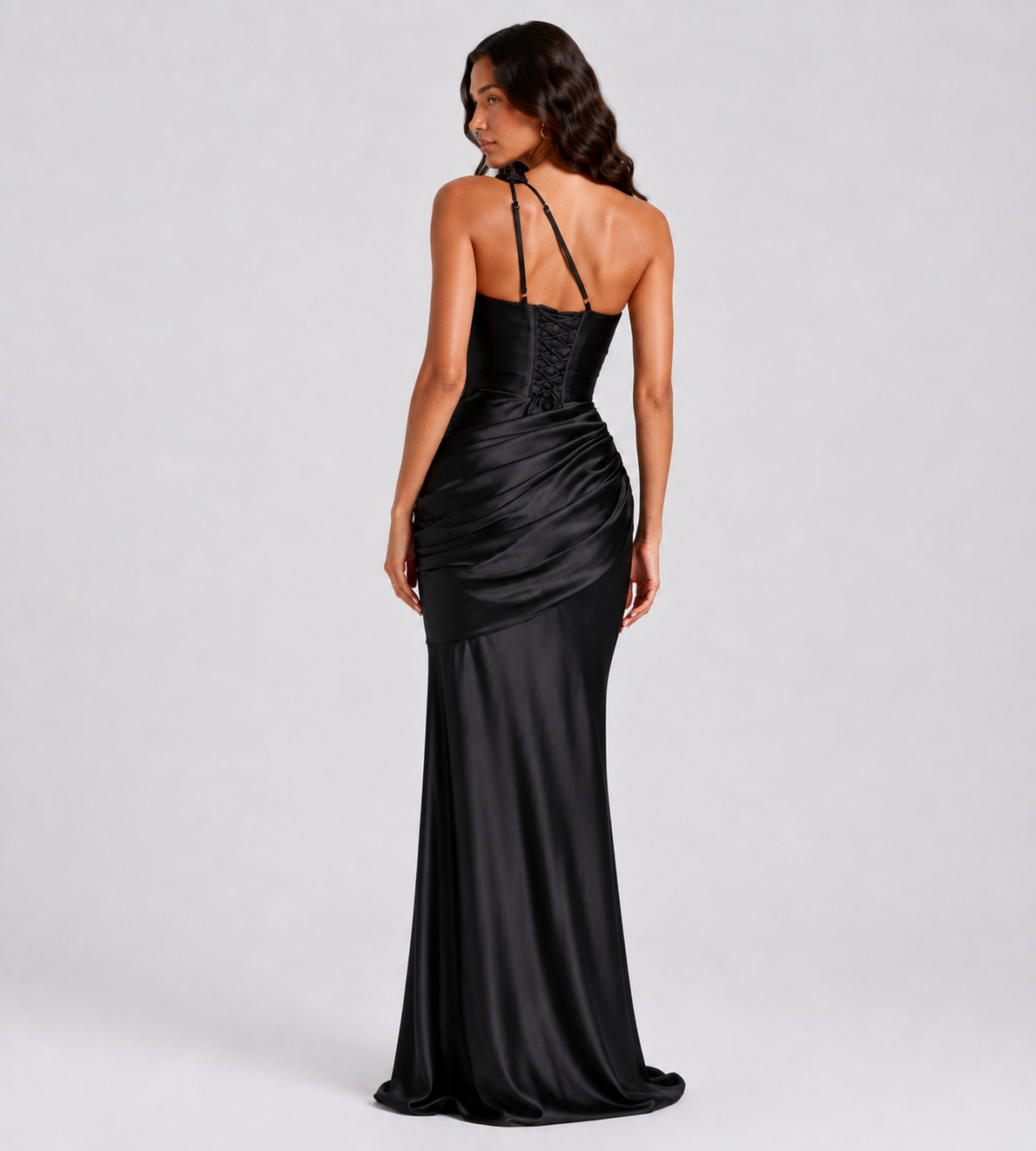 Draped One-Shoulder Cutout Satin Maxi Dress - Black