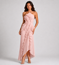 Cascading Ruffle Pleated Halter Maxi Dress - Pink