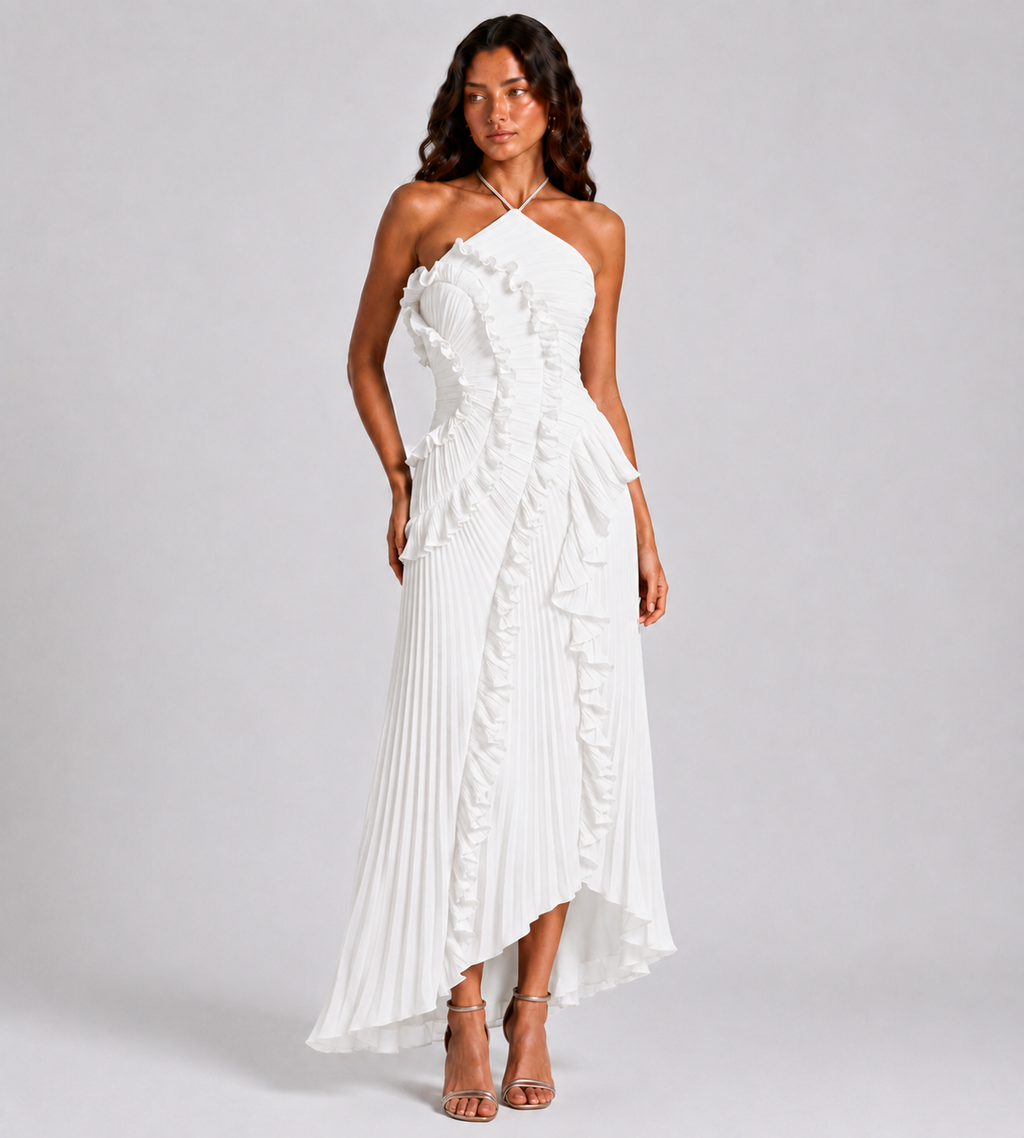 Cascading Ruffle Pleated Halter Maxi Dress - White