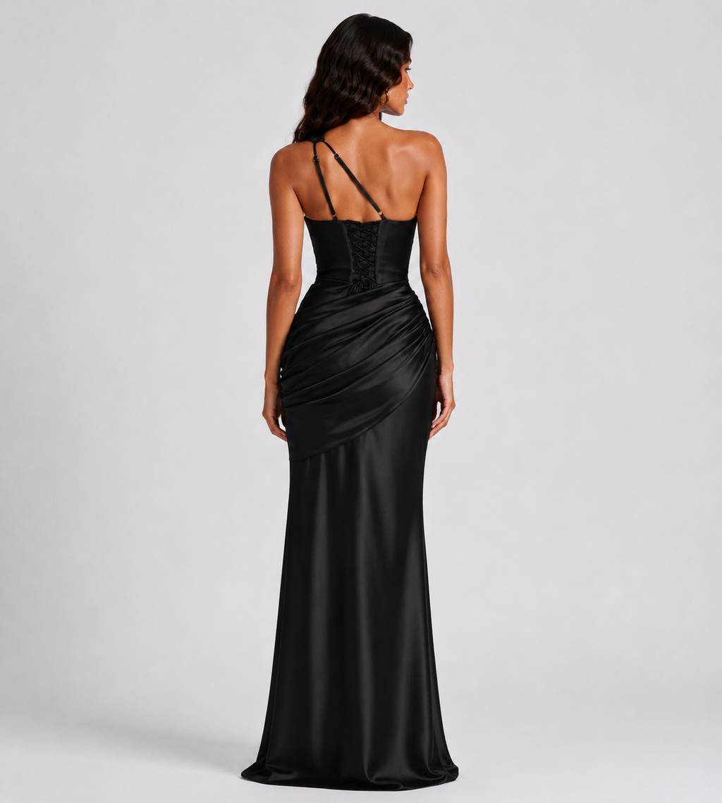 Draped One-Shoulder Cutout Satin Maxi Dress - Black