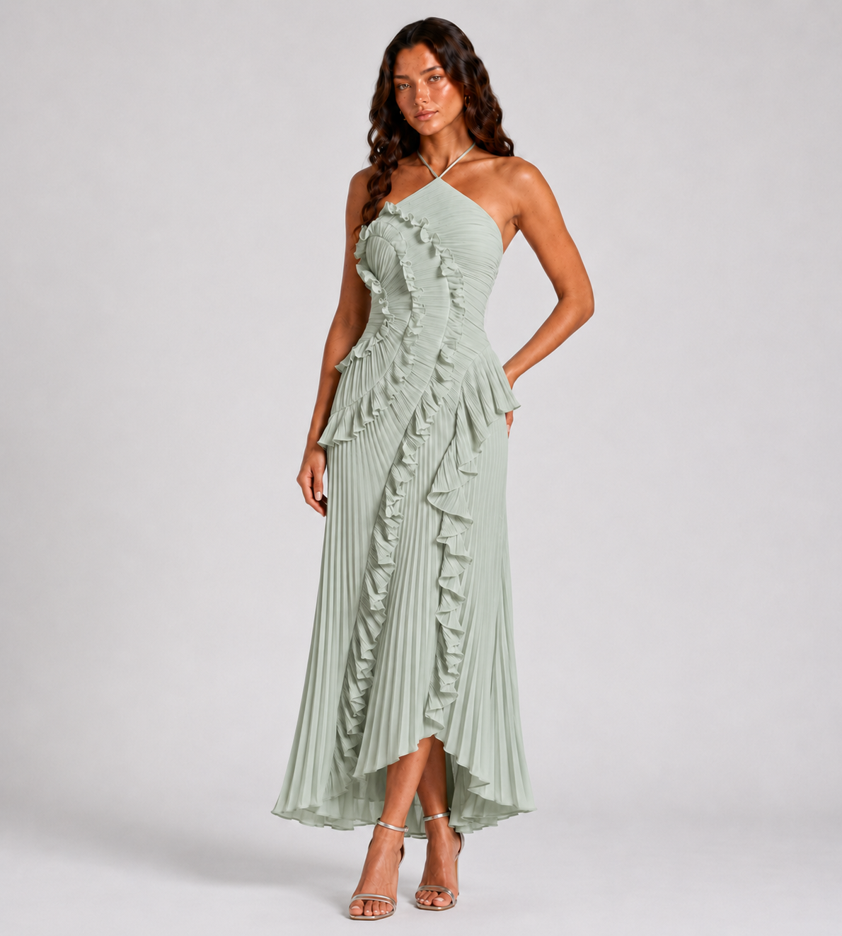 Cascading Ruffle Pleated Halter Maxi Dress - Mint Green