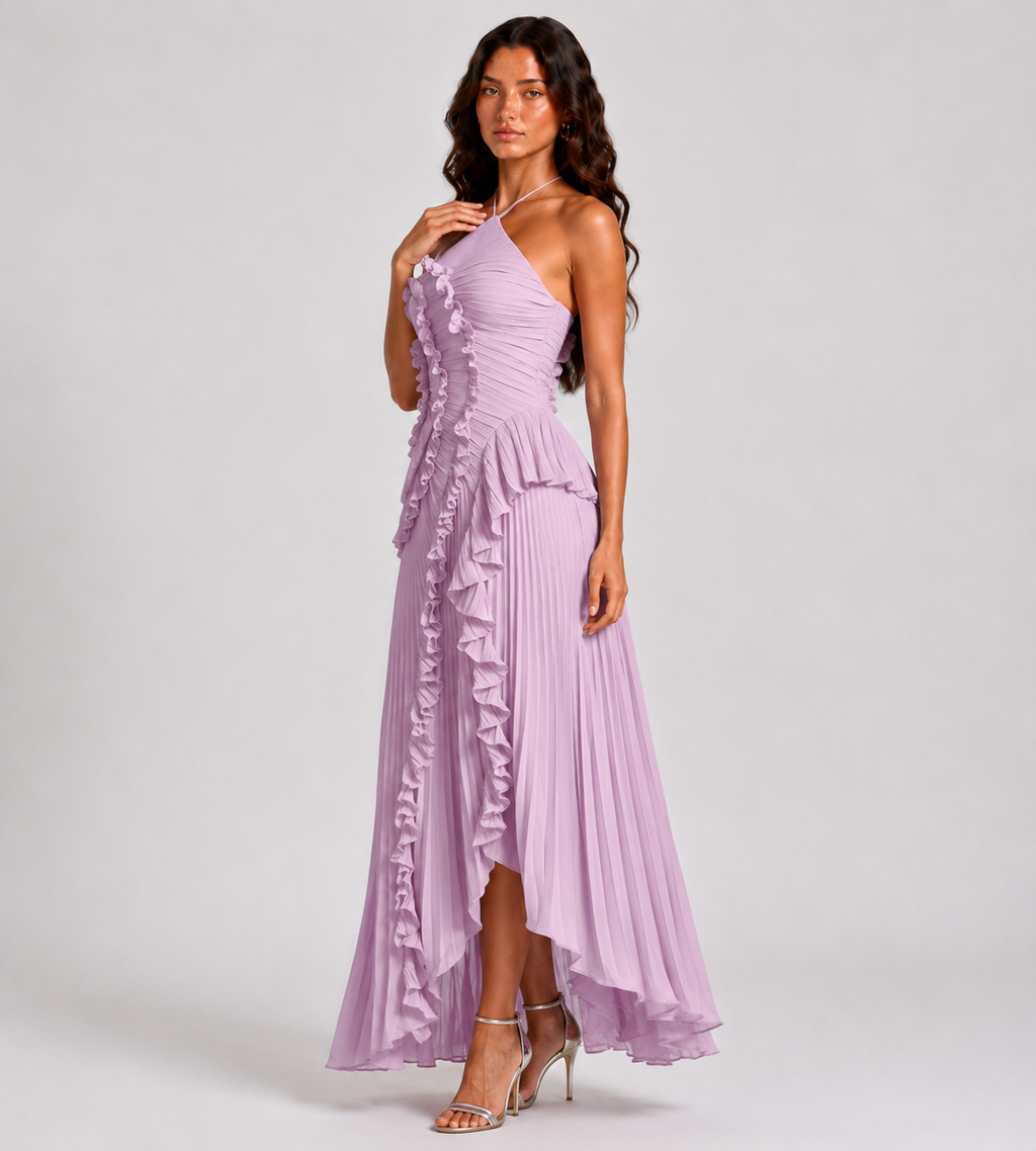 Cascading Ruffle Pleated Halter Maxi Dress - Lilac