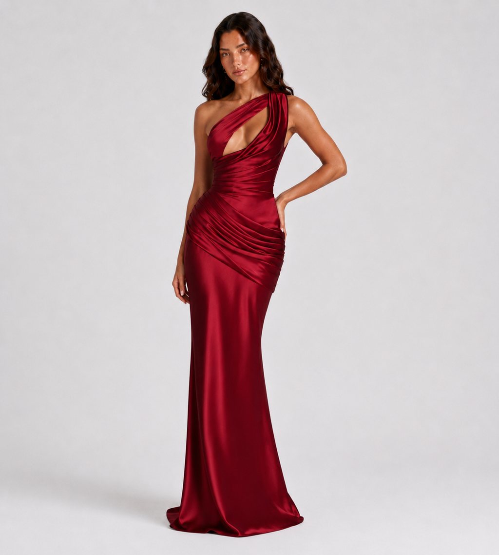 Draped One-Shoulder Cutout Satin Maxi Dress - Red