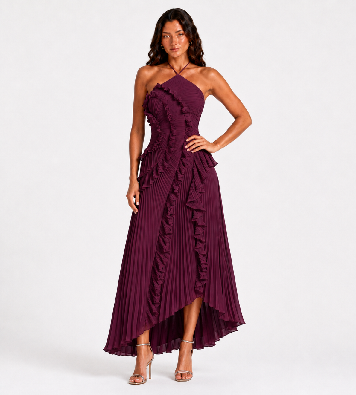 Cascading Ruffle Pleated Halter Maxi Dress - Plum
