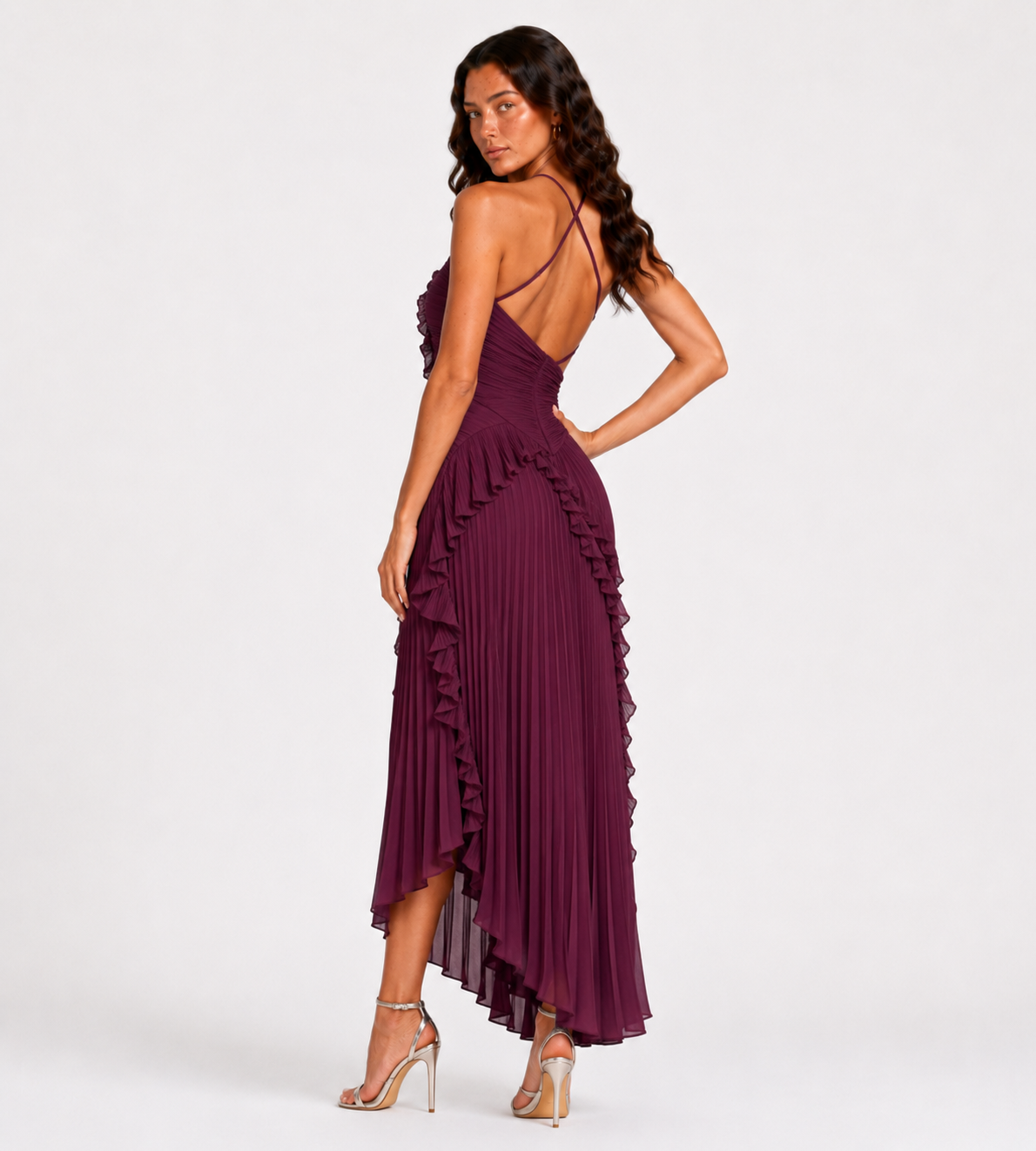 Cascading Ruffle Pleated Halter Maxi Dress - Plum