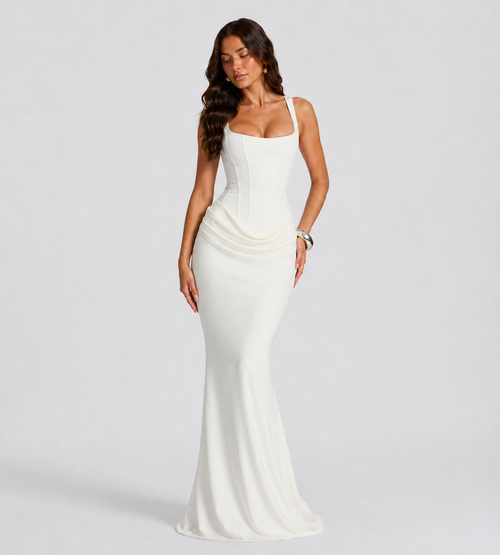Cowl Drape Corset Maxi Dress - White