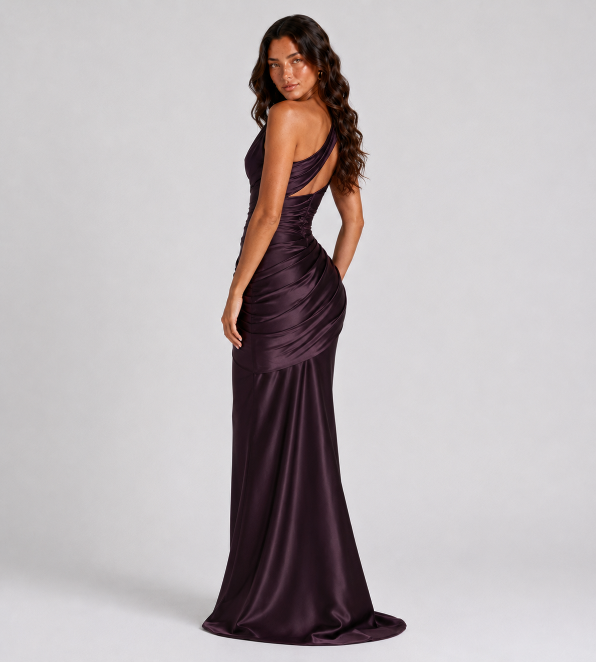 Draped One-Shoulder Cutout Satin Maxi Dress - Plum