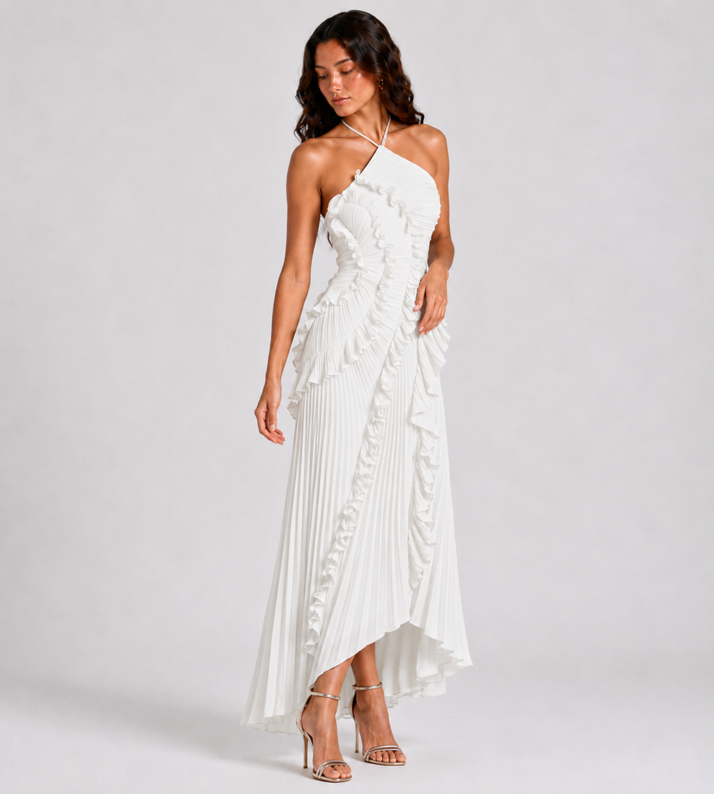 Cascading Ruffle Pleated Halter Maxi Dress - White