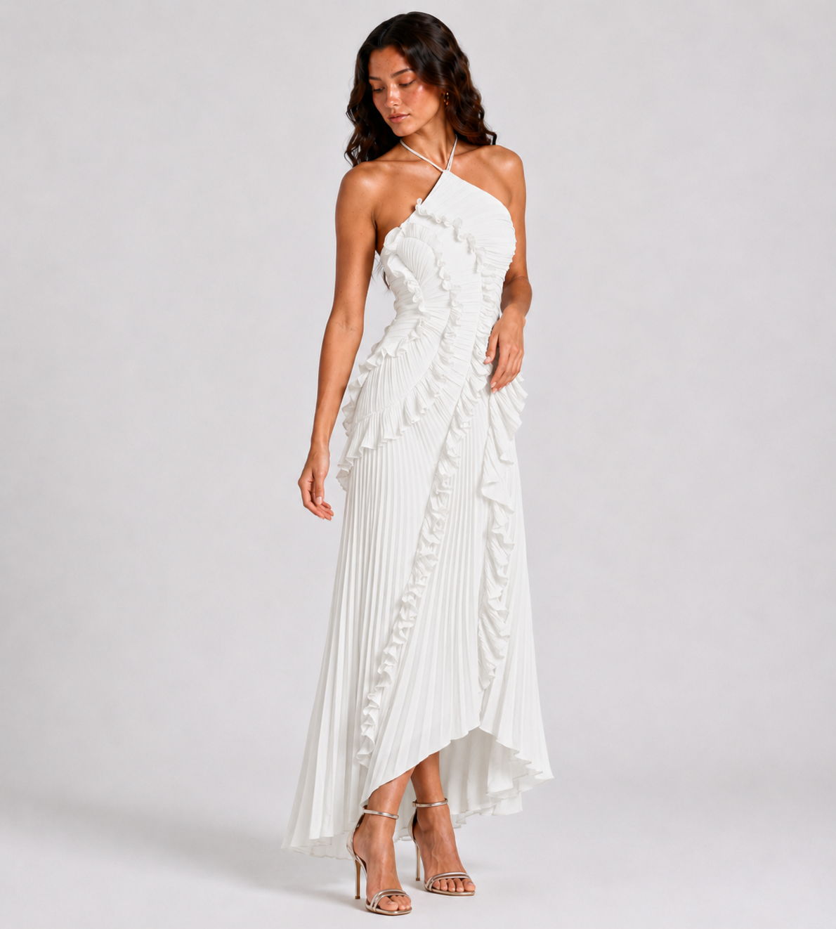 Cascading Ruffle Pleated Halter Maxi Dress - White