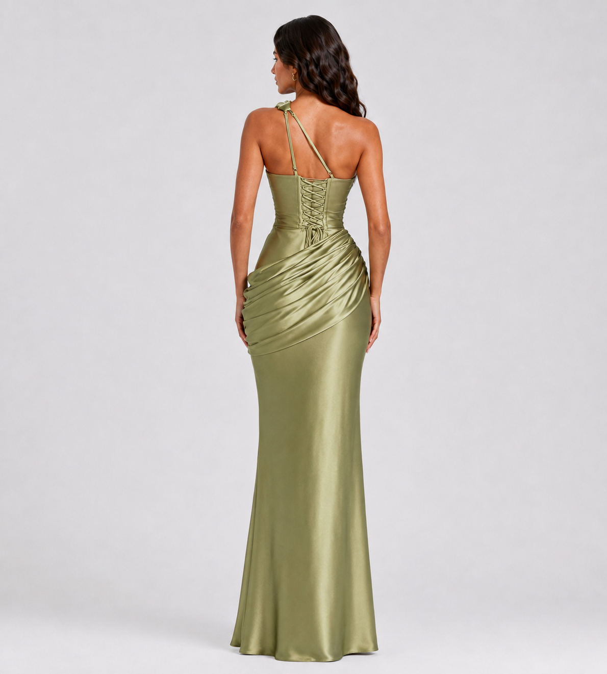Draped One-Shoulder Cutout Satin Maxi Dress - Olive