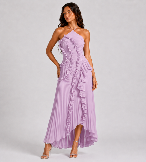 Cascading Ruffle Pleated Halter Maxi Dress - Lilac