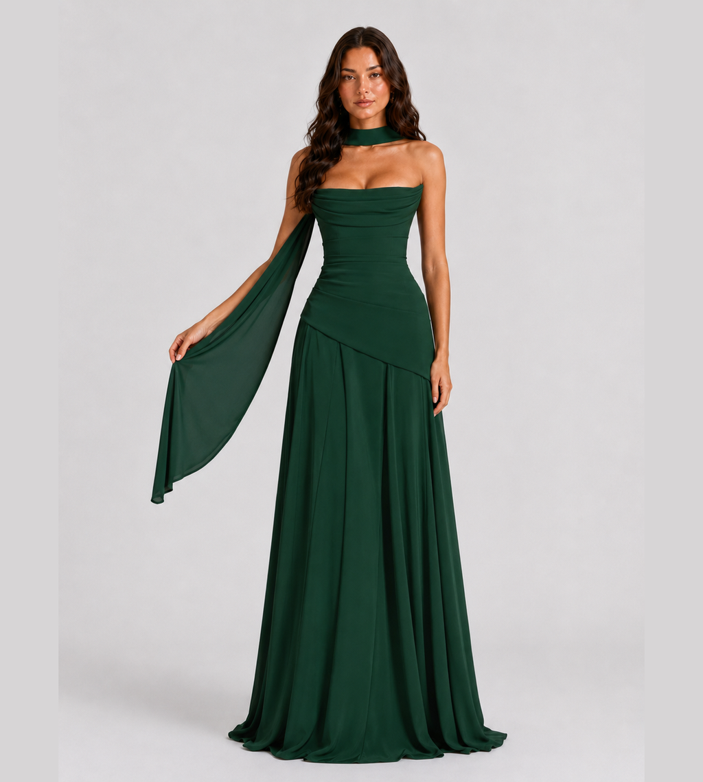 Strapless Scarf Drape Corset Maxi Dress