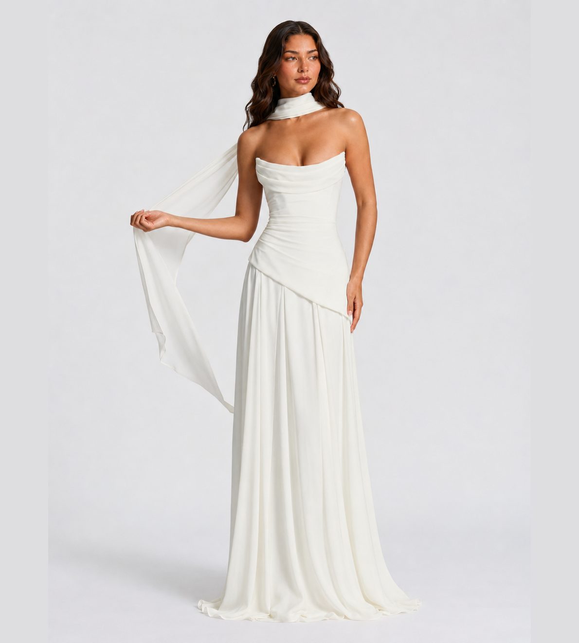 Strapless Scarf Drape Corset Maxi Dress